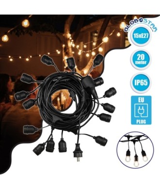 GLOBOSTAR® E27GARLAND 78985 Μοντέρνο Φωτιστικό Κήπου Γιρλάντα 20m με Ντουί 15 x E27 & Πρίζα Schuko Επεκτεινόμενη 90° AC 220-240V IP65 - Μαύρο - Μ1500 x Π127 x Υ16cm